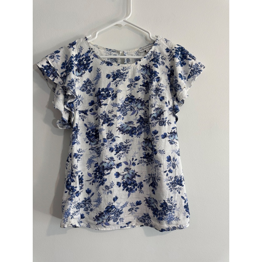Summer linen blend cupcakes and cashmere Floral Ruffle Blouse Womens M Blue Top‎